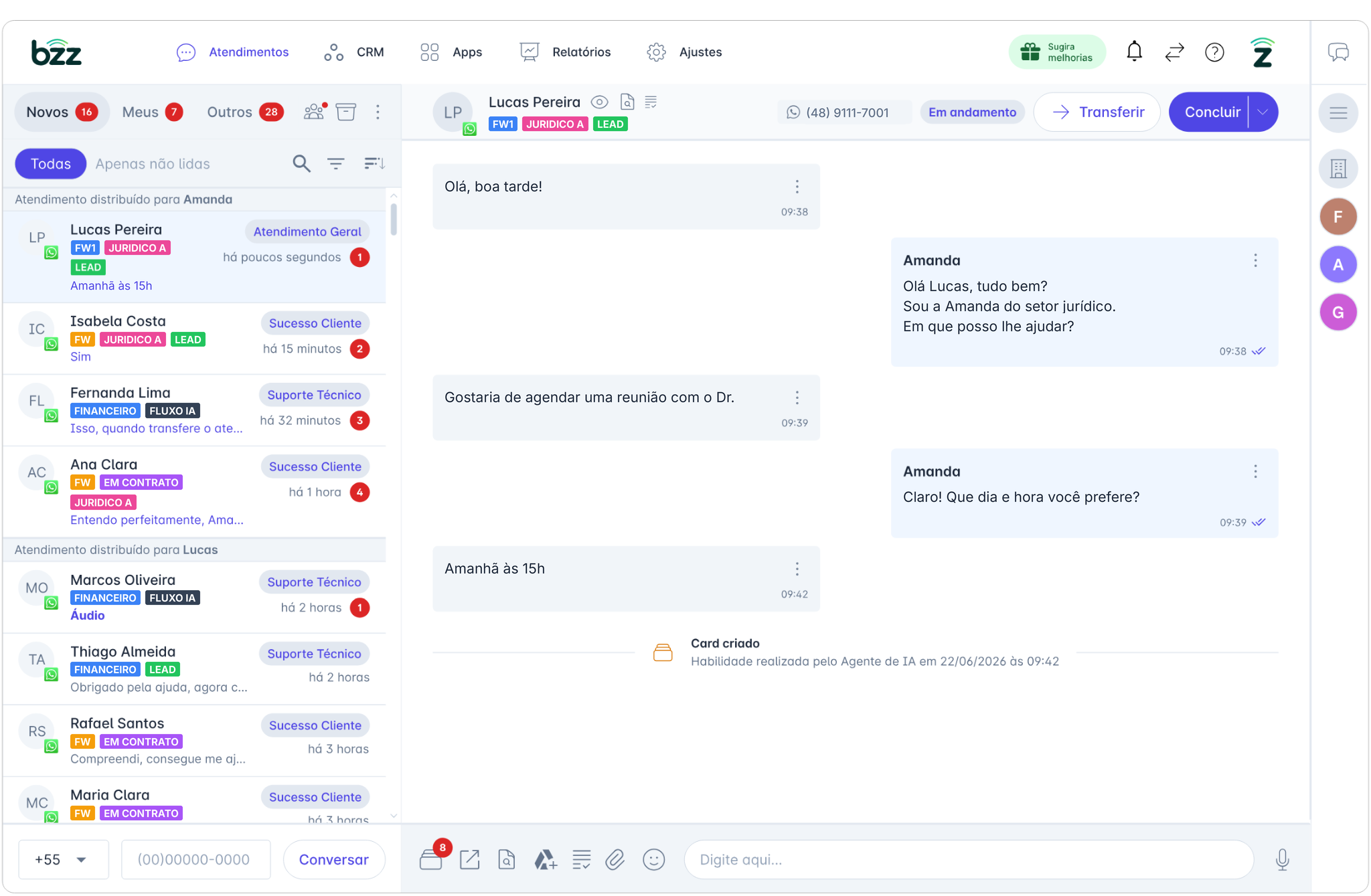 Captura real da plataforma bzz: lista de contatos, etiquetas, conversa com assistente e criação de card no CRM